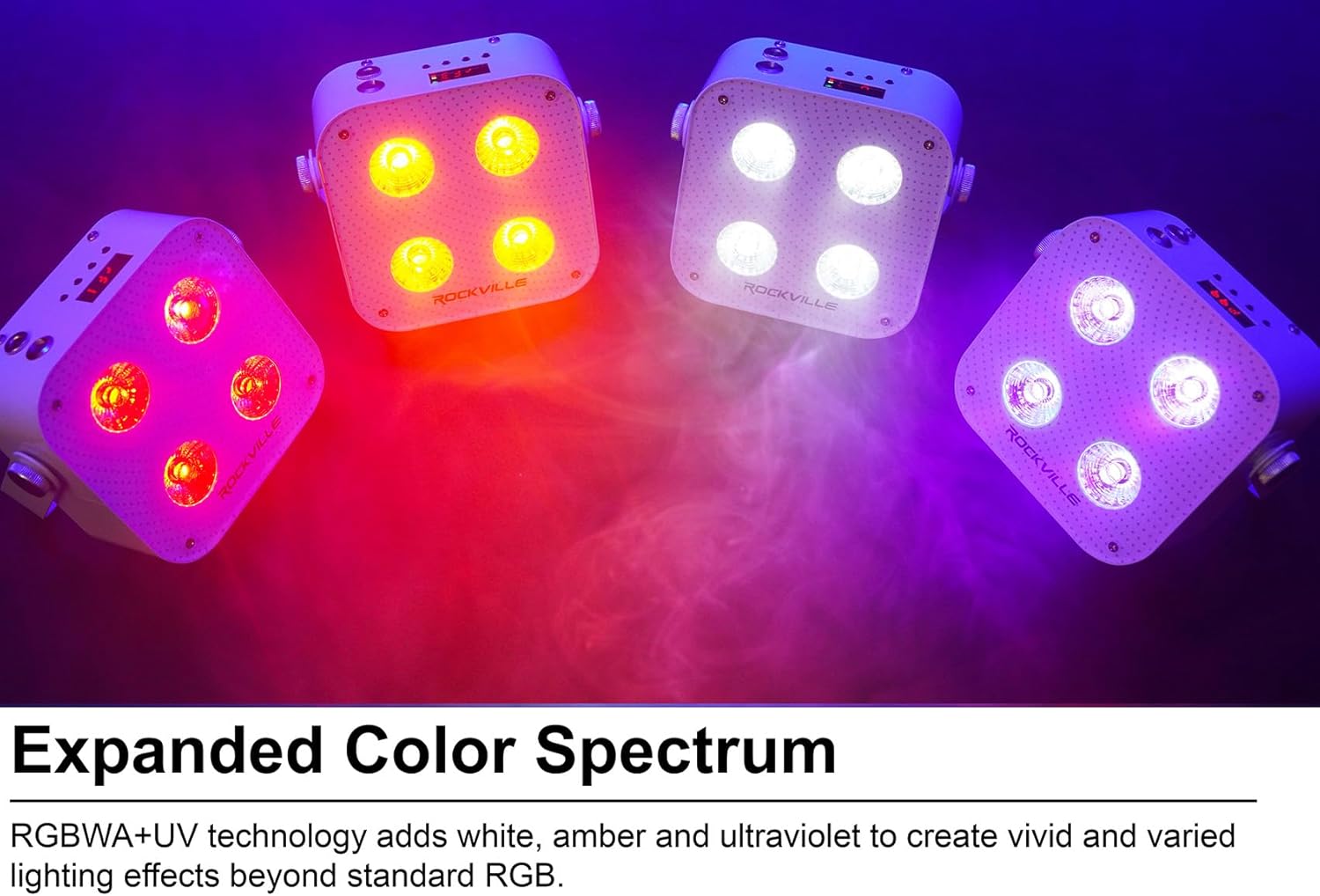 Rockville MINI RF4 V2 White LED Wash Up Light RGBWA+UV, Compact, App, Remote Control, LCD, Wireless DMX, Rechargeable, Perfect for DJ/Party Lighting