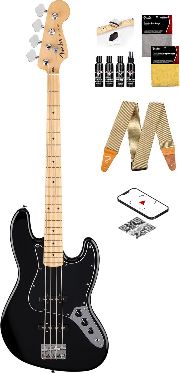 Fender Standard Jazz Bass - Black Bundle with Strap, Guitar Cleaning Kit and Austin Bazaar Instructional Video