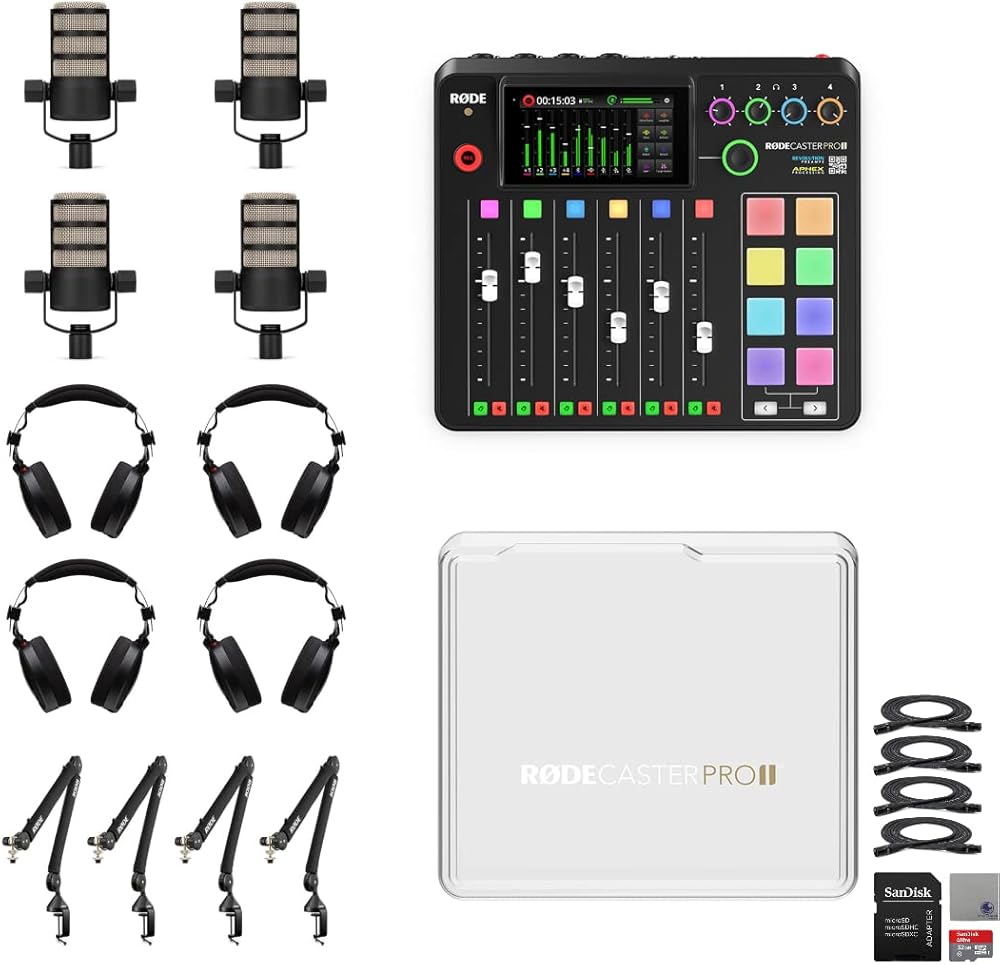 Rode RODECaster Pro II Integrated Audio Production Console with 4x Rode PodMic, PSA1+ Boom Arm, NTH-100 Studio Headphones, 32GB microSD Card, XLR Cable and StreamEye Cloth