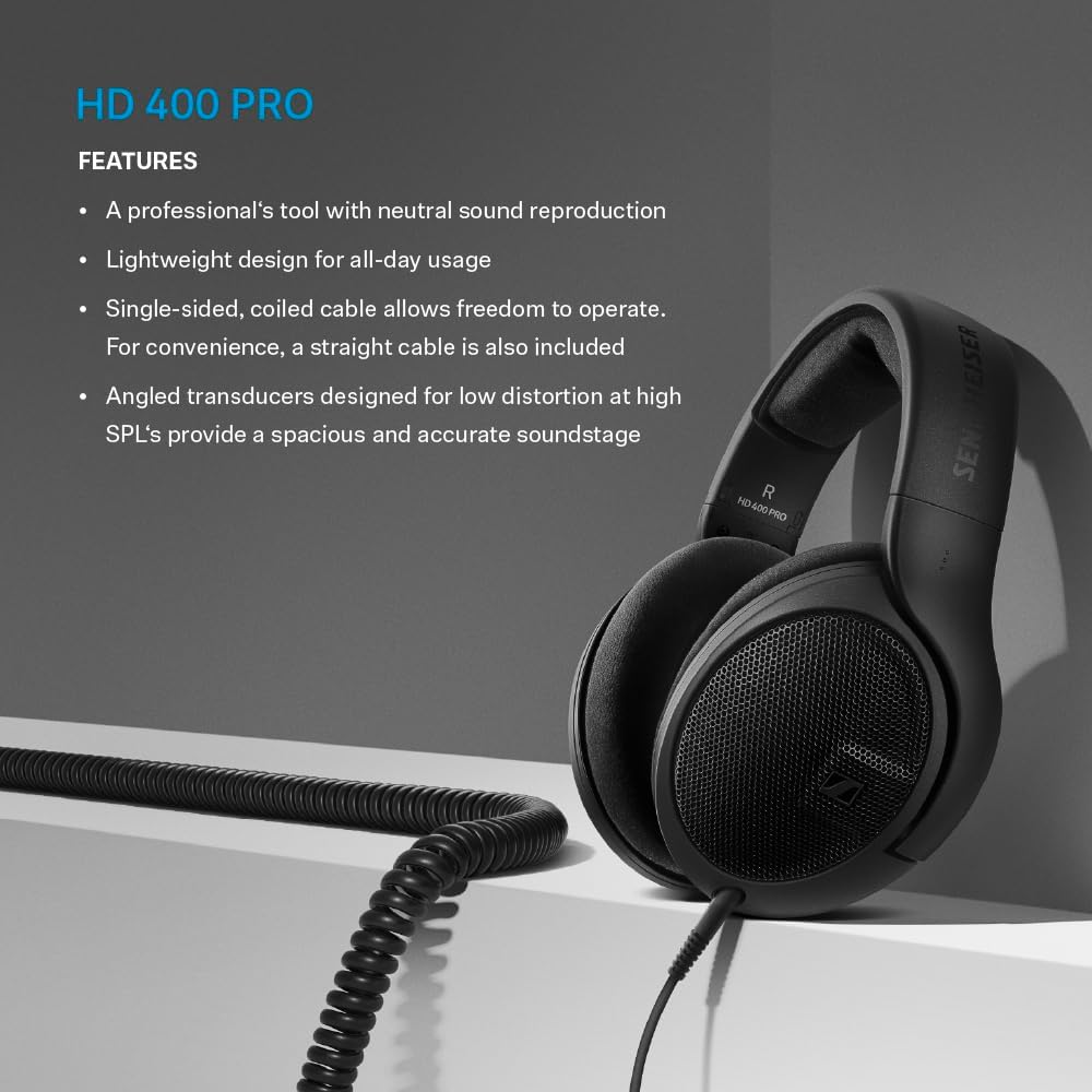 Sennheiser HD 400 PRO Open Back Dynamic Headphones for Studio, Mixing, Video, Audio Production, Twitch, High Definition music listening, removable 1/8” cable w ¼” adaptor,Black