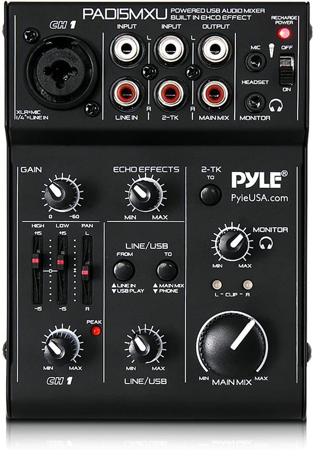 Pyle 3 Channel DJ Controller - USB Mixer Sound Audio Recording Interface with XLR & 3.5 mm Microphone Jack, Line In RCA, Rechargeable Battery, Mix Monitoring, For Professional/ Beginners - PAD15MXU