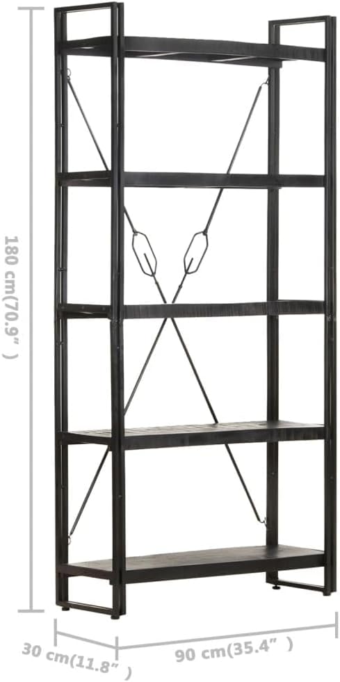 Black Industrial Bookcase, Solid Rough Mango Wood, Powder-Coated Steel Frame, 5-Tier Display Shelf, 11.8x35.4x71 Inch, Living Room Storage Home Office Furniture
