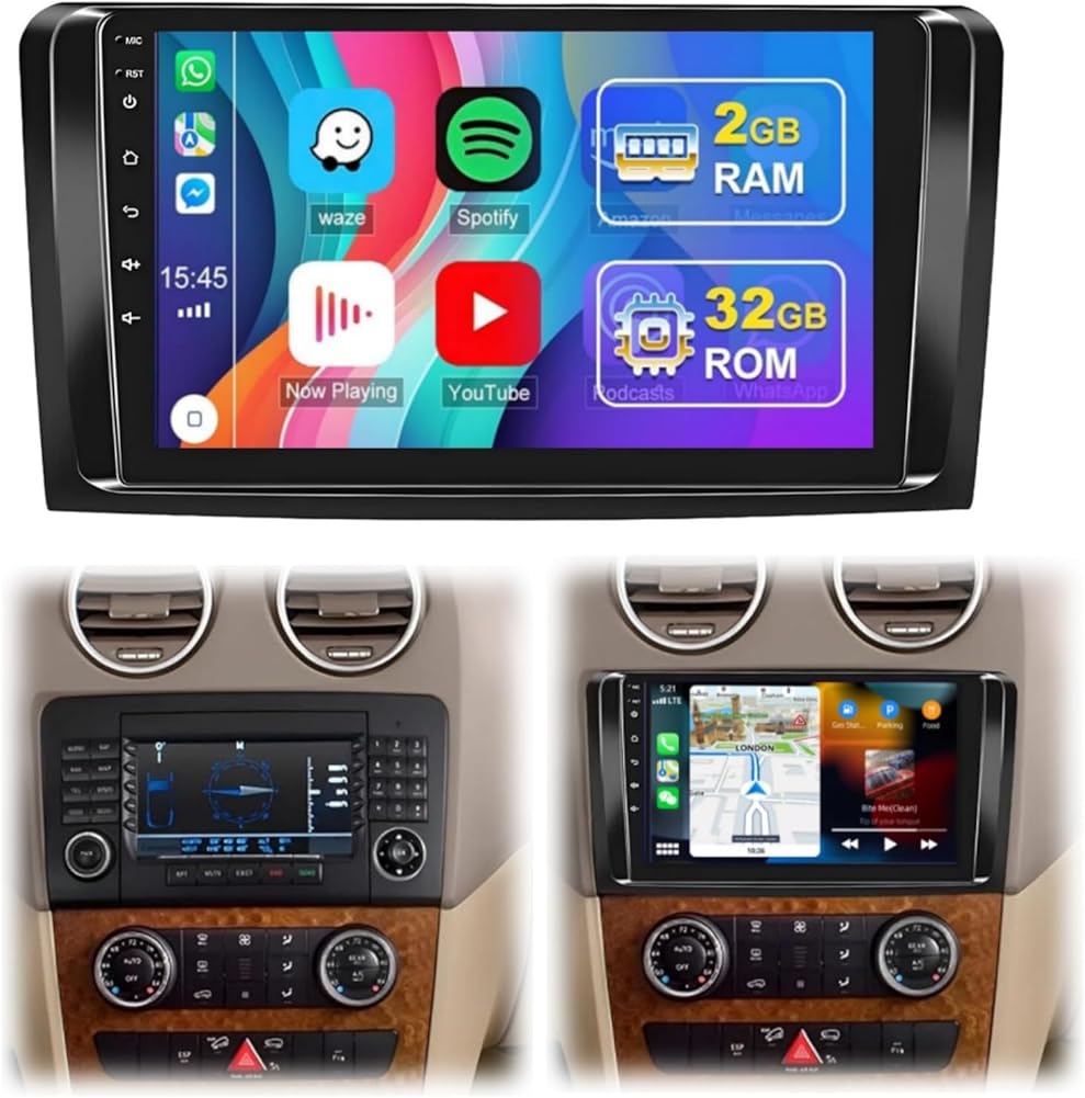 Car Stereo for Mercedes Benz GL ML ML280 ML350 ML500 GL320 GL350 GL450 W164 X164 2005-2011, 9'' Touch Screen Radio with Wireless Carplay Android Auto,WiFi, GPS, Backup Cam