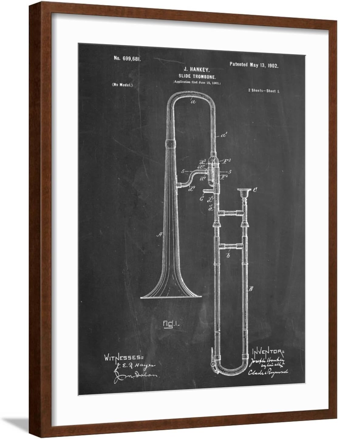 ART.COM Wall Art Print Slide Trombone Instrument Patent on Brown Frame, 23
