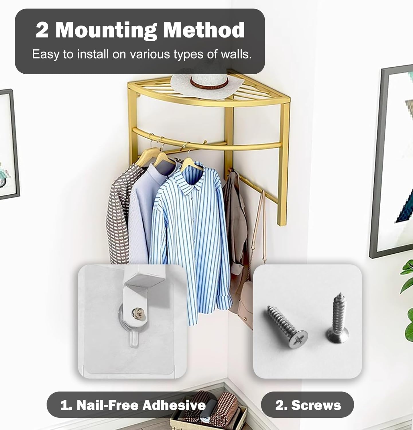 Gold Corner Hanging Clothes Rack with Storage, Laundry Room Wall Shelf Clothes Hanger, Heavy Duty Closet Rod Pole, Corner Coat Rack Hanging Bar