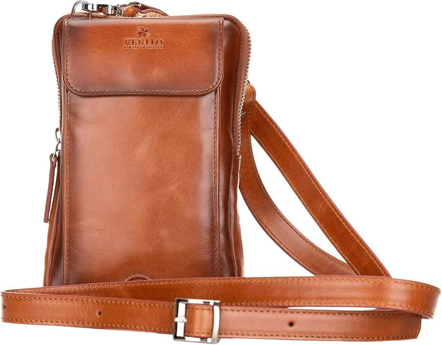 Venito Ferrara Premium Leather Crossbody Phone Purse - Unisex Crossover Sling Shoulder Bag with Card Holder, Adjustable Strap & Magnetic Closure, Anti Theft Travel Wallet, Light Brown