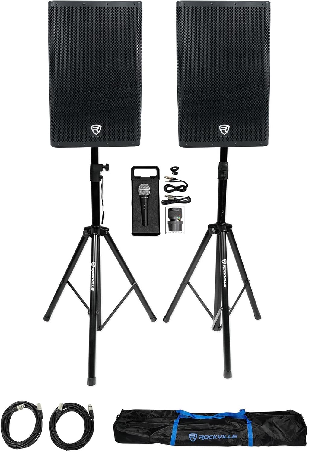 Rockville DX15 Bundle: (2) 2000W Peak / 500W RMS 15-in Class-D Powered Active DJ PA Speakers, (2) Adjustable Tripod Stands, (2) 20 ft XLR Cables, RMC-XLR Metal Handheld Microphone with Cables, 5-items