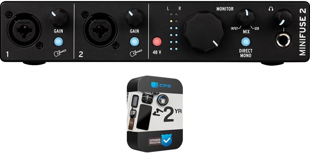 Arturia 800102 MiniFuse 2 Portable 2x Input USB-C MIDI Audio Interface Black Bundle with CPS Exclusive 26 Month Protection Pack (BEACH-CPS-26M500ATV)