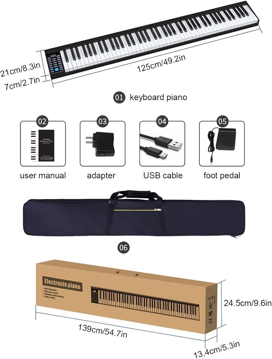 88-Key Digital Keyboard Piano, Semi-Weighted Keys, Built-in Speaker, Rechargeable Battery, Bluetooth & MIDI Connection for Beginners