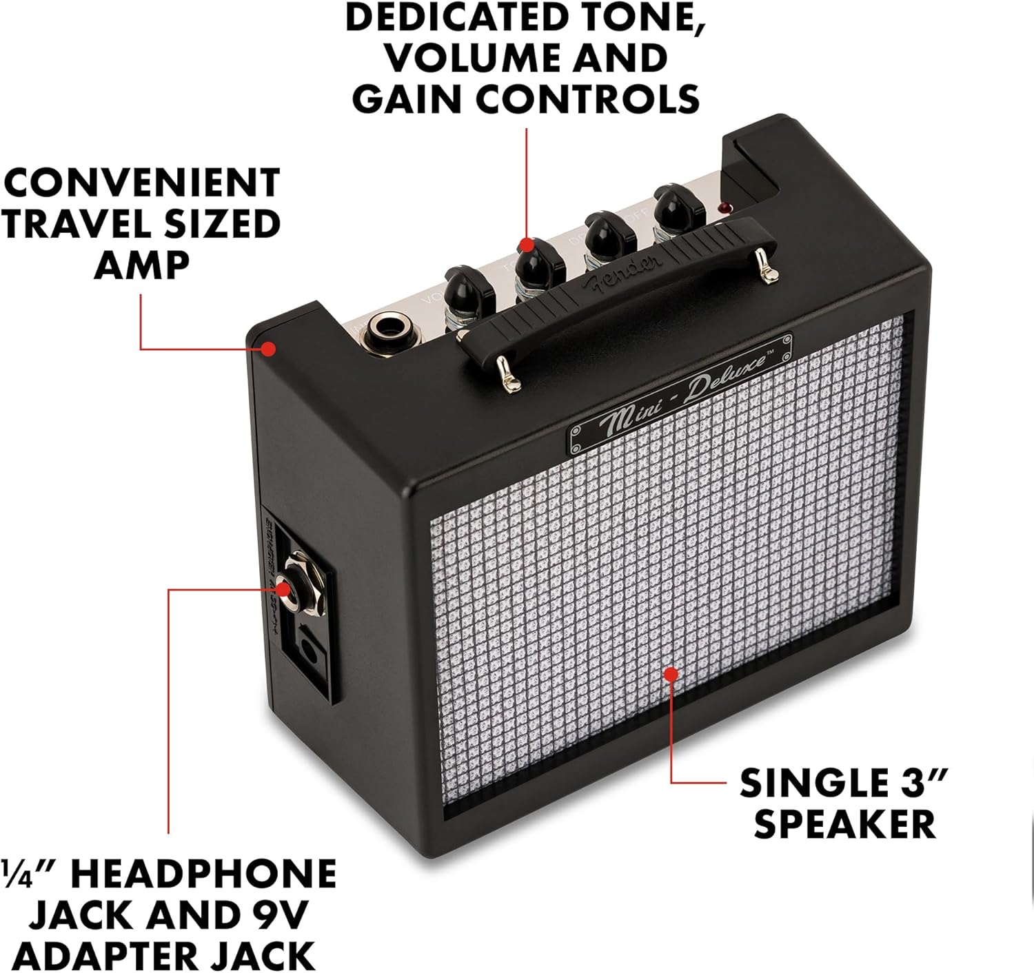 Fender Mini Deluxe Electric Guitar Amp, with 1-Year Warranty, Mini Guitar Amp, Portable Guitar Amplifier, Guitar Accessories, 3 Watts, Black