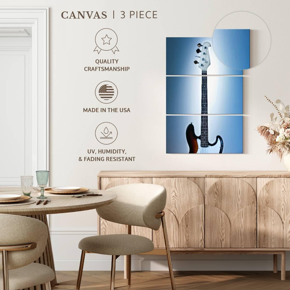 ElephantStock - Cool Bass Guitar Wall Art - Vertical Multi Panel Canvas - 3 Piece Living Room Wall Decor - Photography Music Multi Piece Wall Art - Brown And Blue Decor - 48