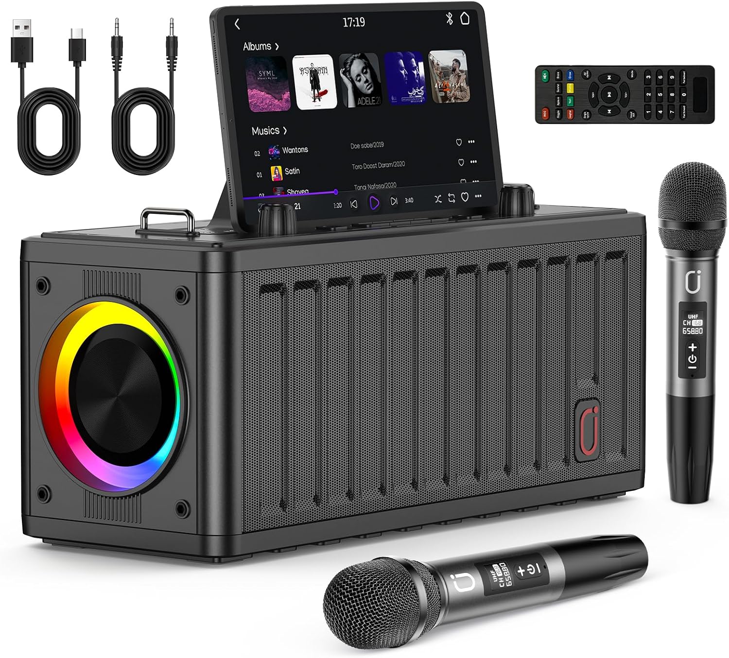 JYX Karaoke Machine for Adults with 2 Wireless Microphones，Portable Bluetooth Speaker, PA System with LED Lights for Home Party, Birthday Gifts, Supports REC/FM/AUX/USB/TF Live Broadcast