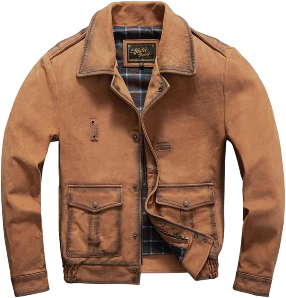 Men Vintage Genuine Natural Cowhide Turn-Down Collar Mounted Police Leather Jacket Coat