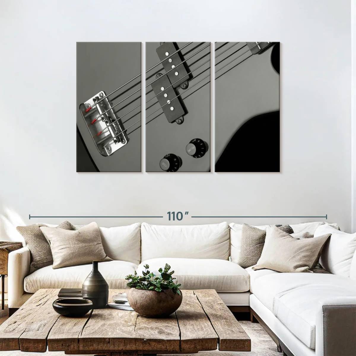 ElephantStock - Bass Guitar Wall Art - Horizontal Multi Panel Canvas - 3 Piece Living Room Wall Decor - Photography Music Multi Piece Wall Art - Gray And Black Decor - 74