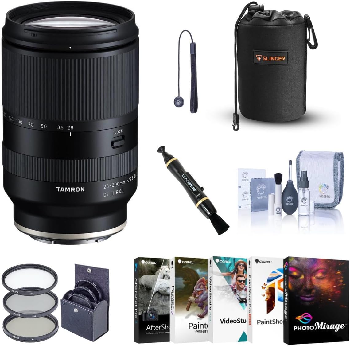 Tamron 28-200mm f/2.8-5.6 Di III RXD Lens for Sony E, Bundle with ProOptic 67mm Filter Kit, PC Software Kit, Cleaning Kit, Lens Cap Tether, Lens Cleaner