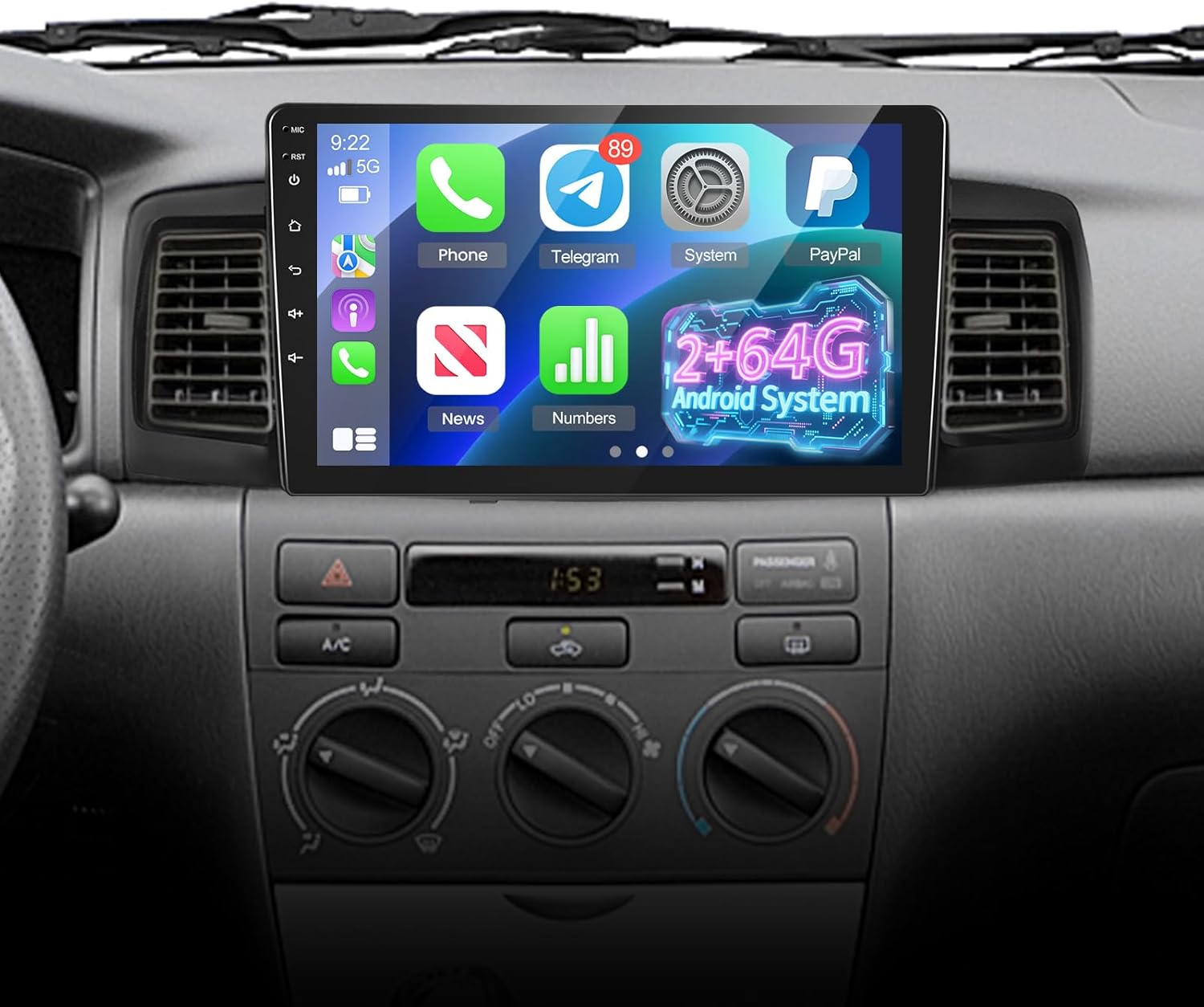 EKAT 2+64G Radio for Toyota Corolla EX 2007 2008 2009 2010 2011 2012, Toyota Corolla Android Car Stereo with 9 inch Touch Screen Carplay/Android Auto/1080P/Bluetooth/WiFi