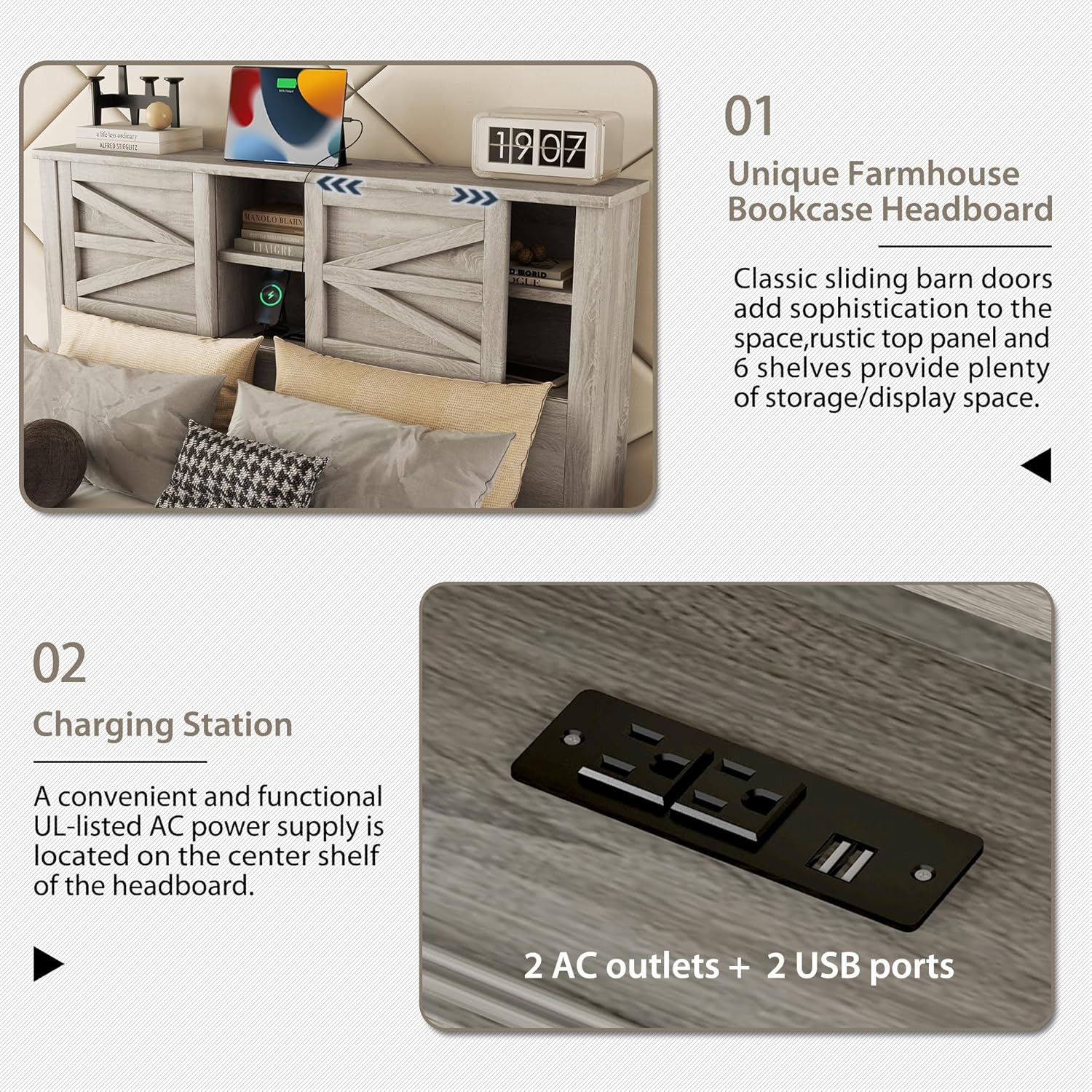 3-Pieces Bedroom Sets Full Size Farmhouse Platform Bed with Storage Headboard and Charging Station, Dresser and Nightstand Sets 3 Piece Antique Gray (Product F)