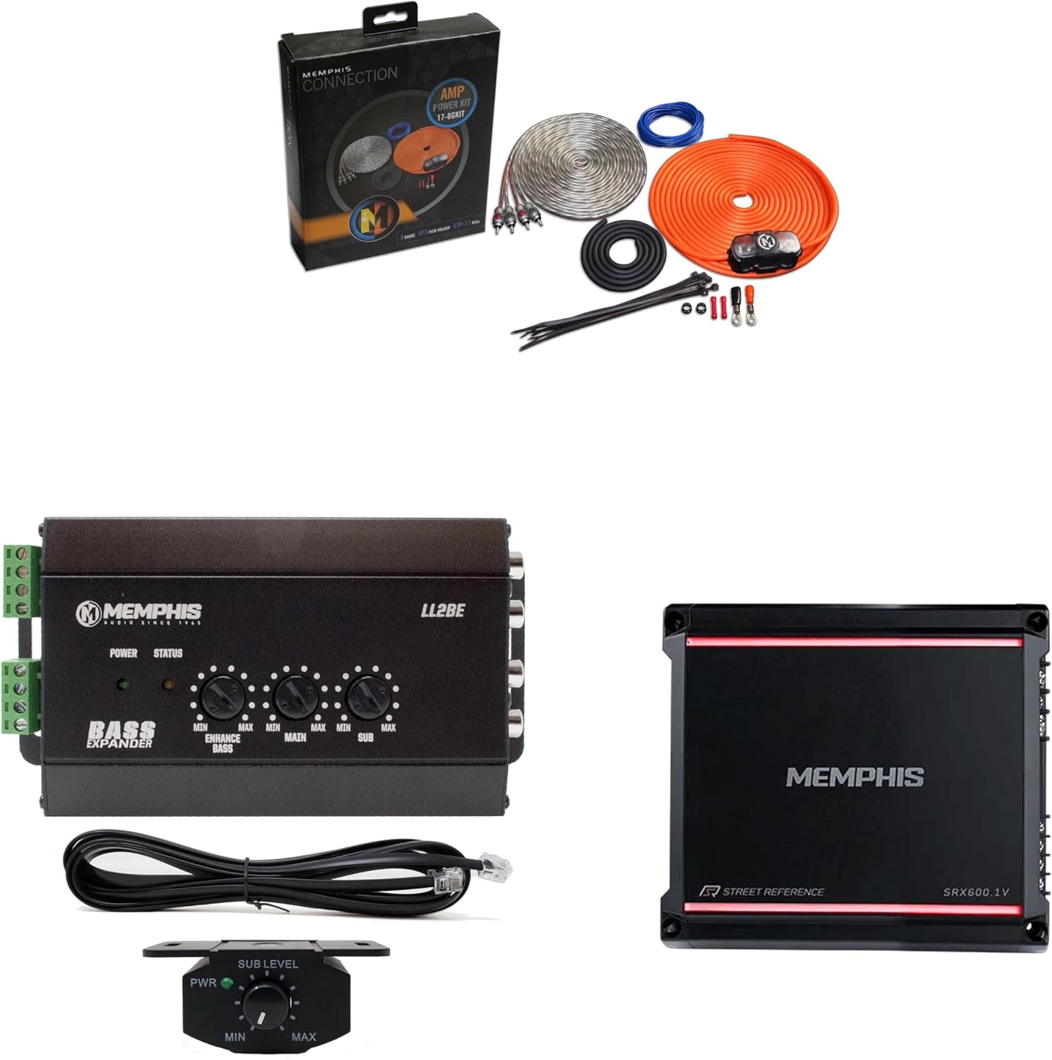 Memphis Audio SRX600.1V Mono 1-ohm 600 Watt Amplifier with 8GKIT 8-Gauge Amp Install Kit -AFS Fuse Holder and LL2BE 2-Channel Line Output Converter with Digital Bass Restoration