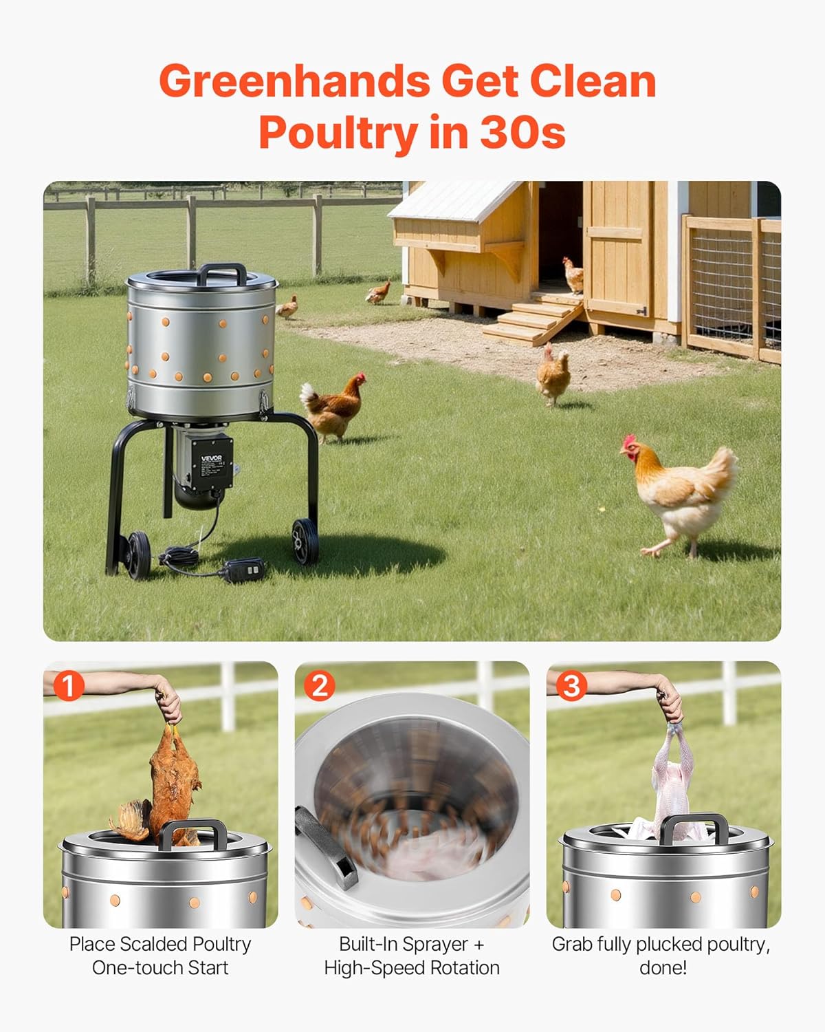 VEVOR Chicken Plucker Machine, 15.7 in Drum, 550W & 275RPM Electric Chicken Plucking Machine with 114 Soft Fingers & Transport Wheels, Stainless Steel Feather Remover for Processing 1-2 Chicks Once