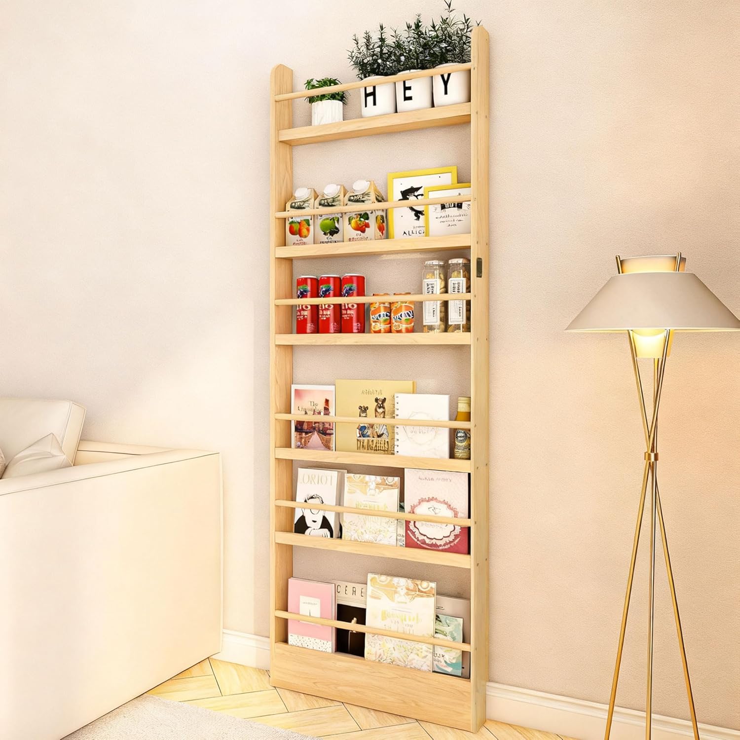 Behind The Door Bookshelf, Wooden Kids Bookshelf 6-Tier Organizer for Books and Toy Storage Wall Mount for Adult Space-Saving Book Shelf in Bedroom, Living Room, Playroom Wood