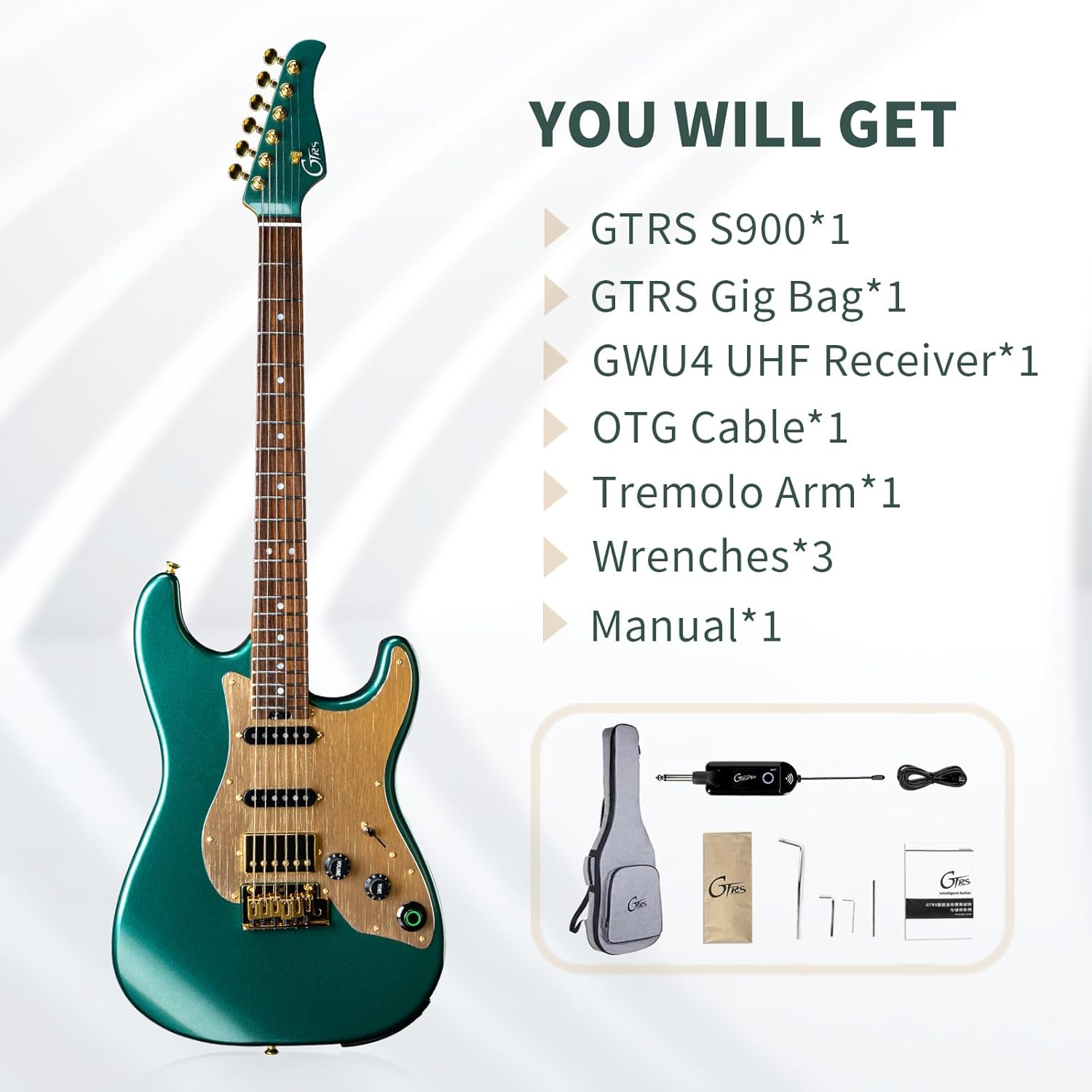 GTRS S900 Smart Electric Guitar Kit With UHF Wireless Transmitter, Practice Guitar Intelligent System With 126 Effects Types, 80s Loop, 40 Drummer, 10H Bettaty Life, 6 Strings, Right Hand(S900 Green)