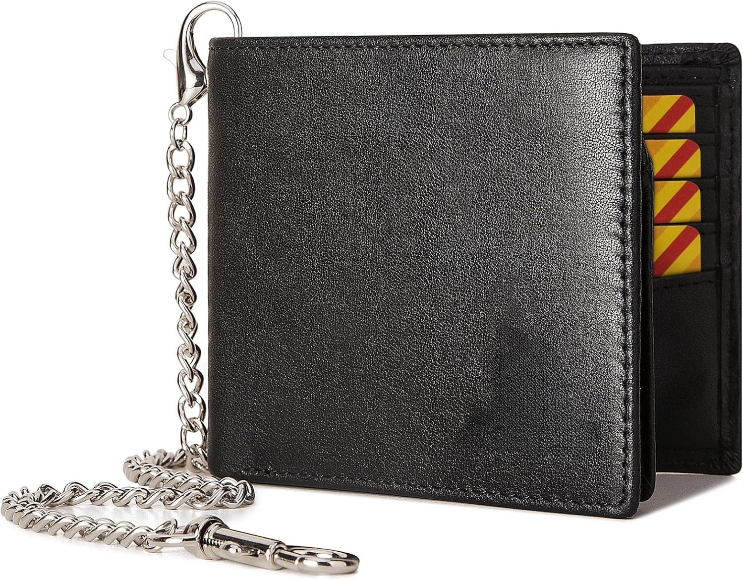 Leather Wallet for Men with Chain RFID Blocking Bifold Wallet with 2 ID Windows Minimalist Genuine Leather Design (Black)