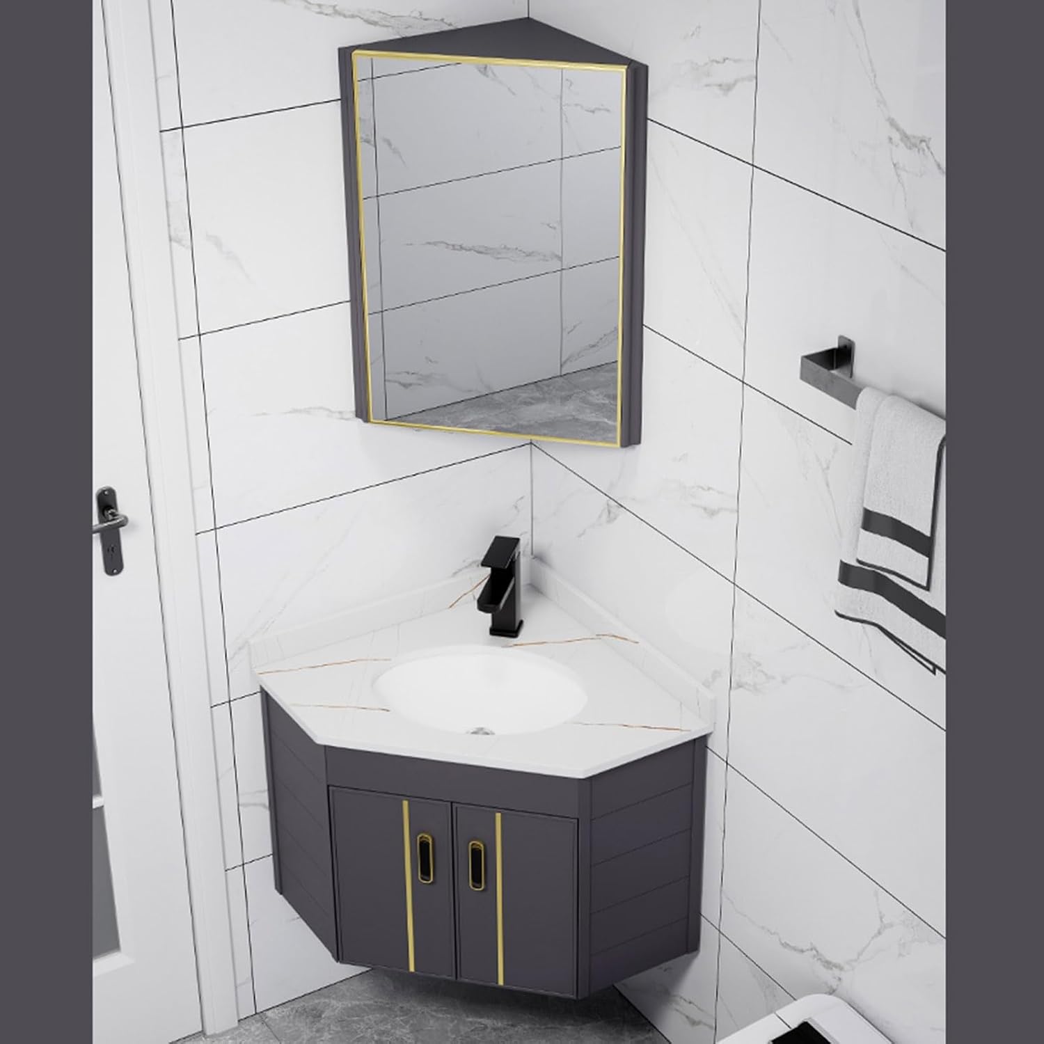 Wall Mount Vessel Sink,Ceramic Sink,Bathroom Corner Basin Sinks, Corner Bathroom Vanity Sink Combo Wall Mounted Cabinet Set for Small Space,with Mirror-55cm