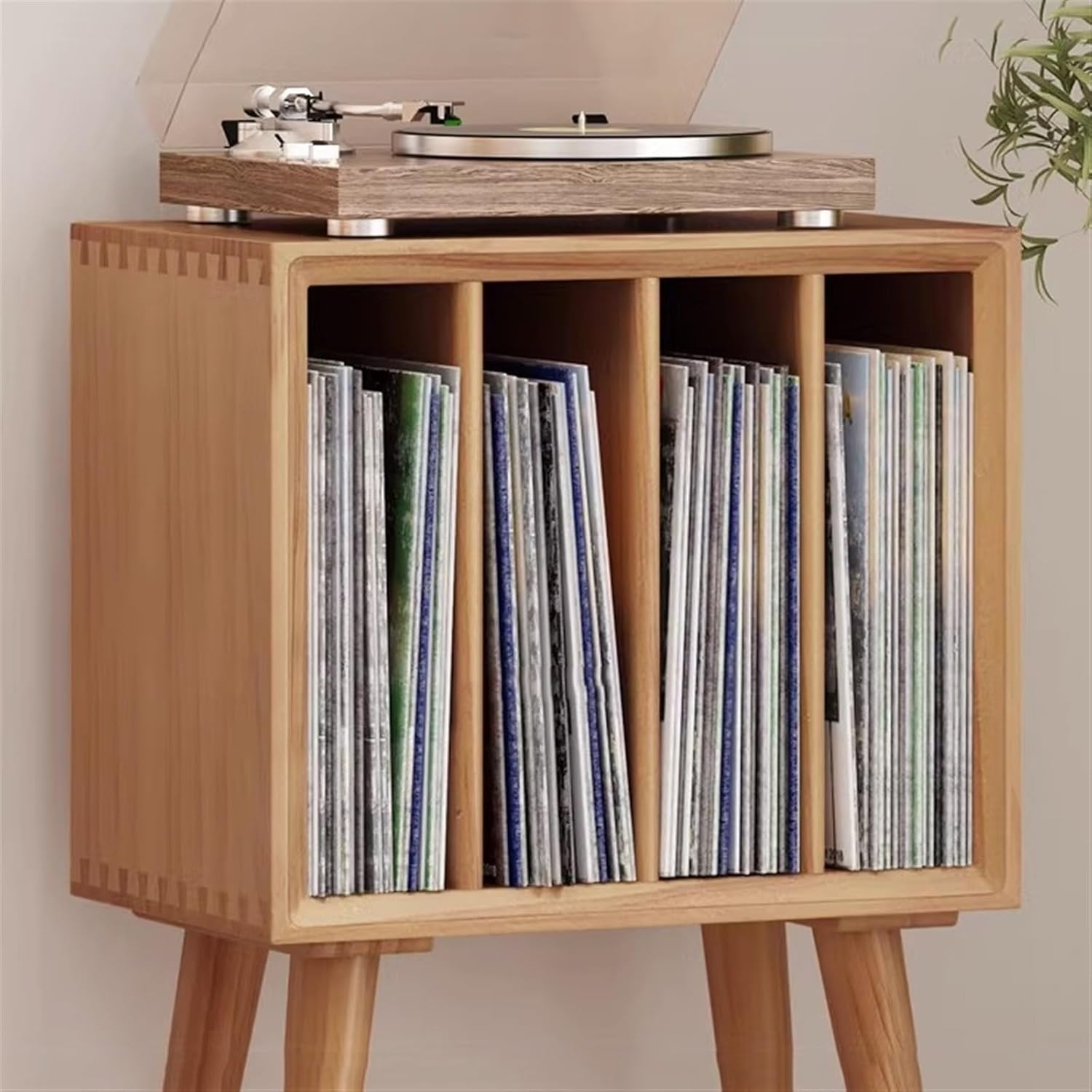 Record Storage Shelf Record Player Stand, Vinyl Record Storage Table Display Holder wth 4 Cabinets, Retro Pine Turntable Stand, Nightstand for Bedroom, Living Room, Office Record Holder Shelf (Color