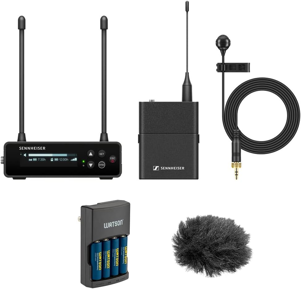 Sennheiser EW-DP ME 4 Set Camera-Mount Digital Wireless Cardioid Lavalier Mic System (Q1-6: 470 to 526 MHz) Bundle with Auray WLW Fuzzy Windbuster and Watson Rapid Charger with 4 AA Batteries