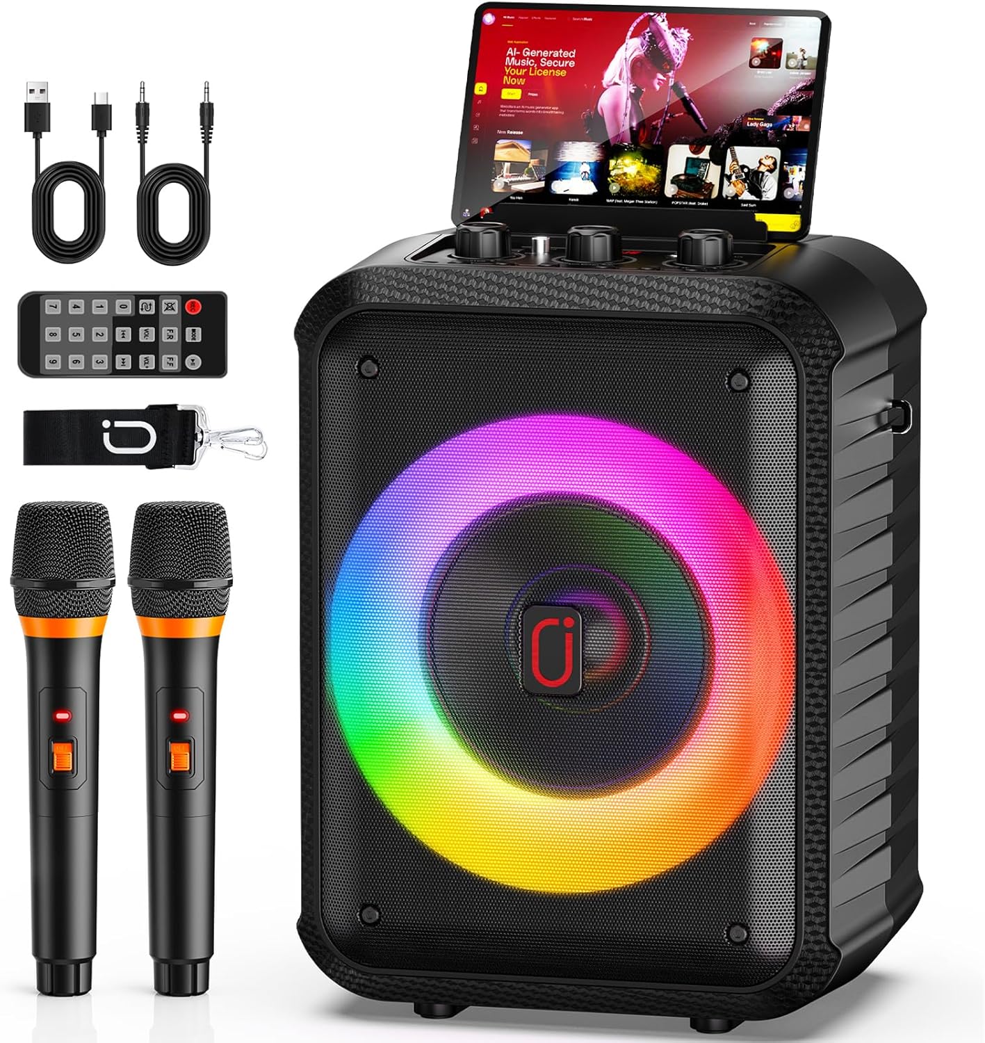 JYX Karaoke Machine, Portable Bluetooth Speaker with 2 Wireless Microphones, RGB Lights, Echo, 40W 5.25
