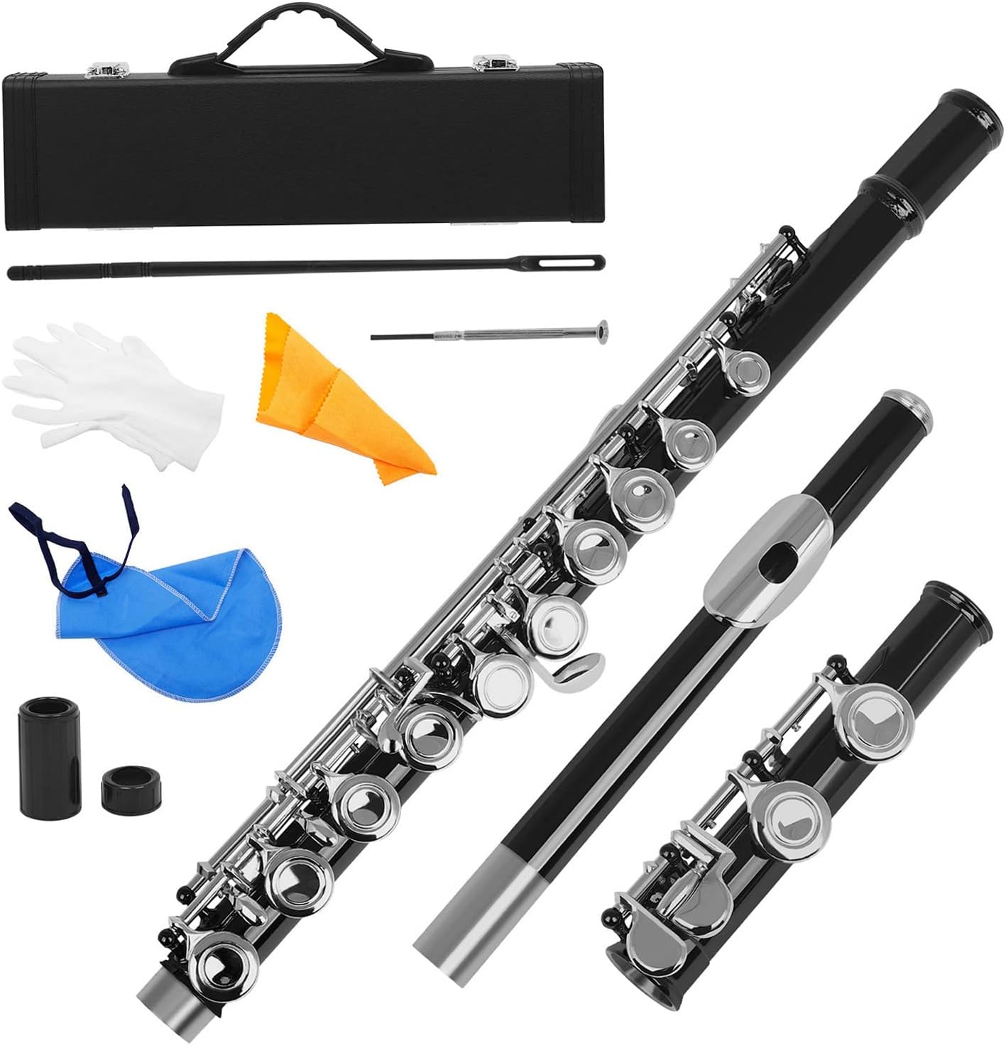 Flute, Cupronickel Nicke Plated 16 Holes C Key Woodwind Instrument with Cleaning Cloth Stick Gloves Mini Screwdriver Padded Case
