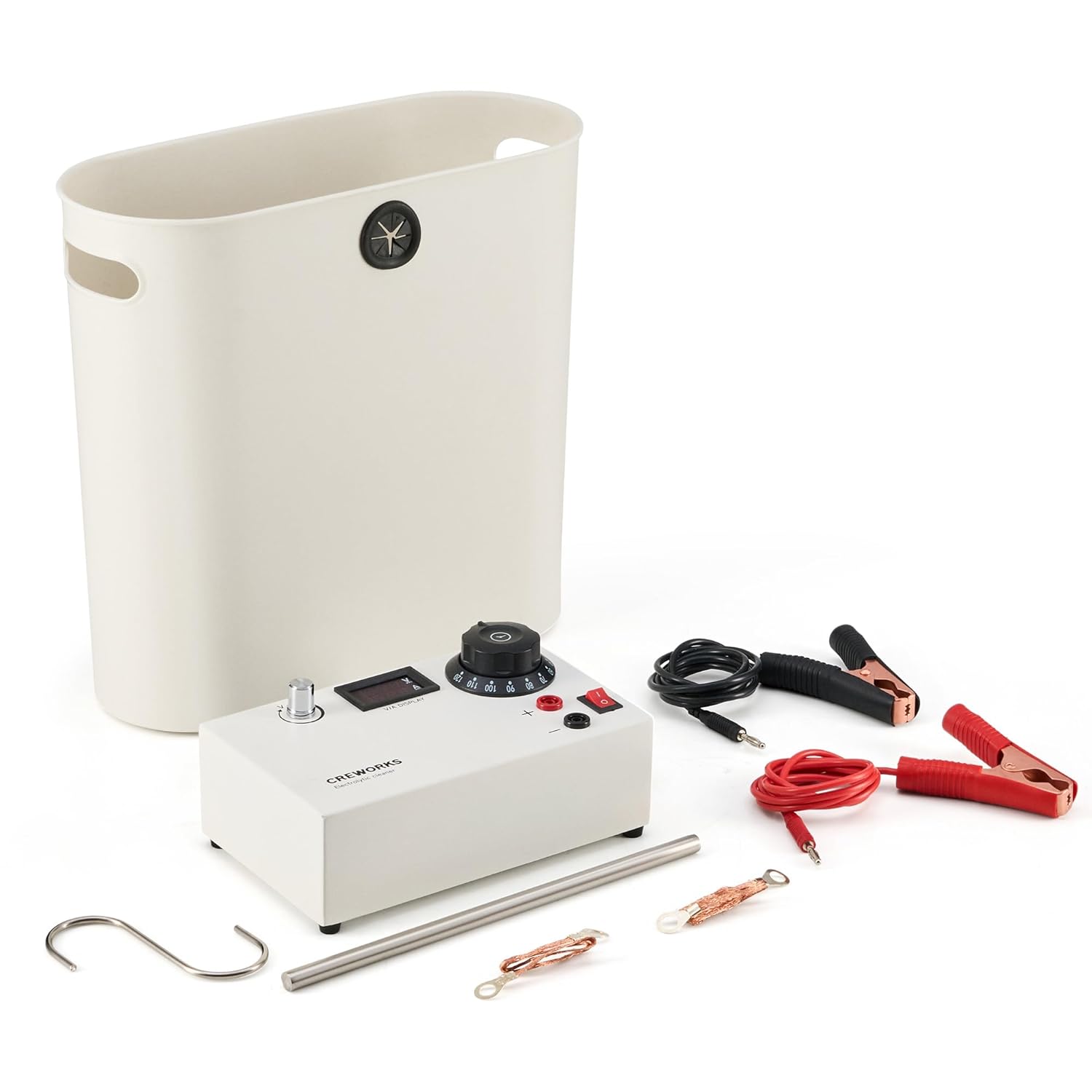 CREWORKS Electrolytic Rust Removal Kit, DIY Rust Remover Electrolysis System for Metal, Derusting Iron Cleaning Tool with Stainless Steel Anode 6L Plastic Container 24V DC Power Supply Hooks Wires