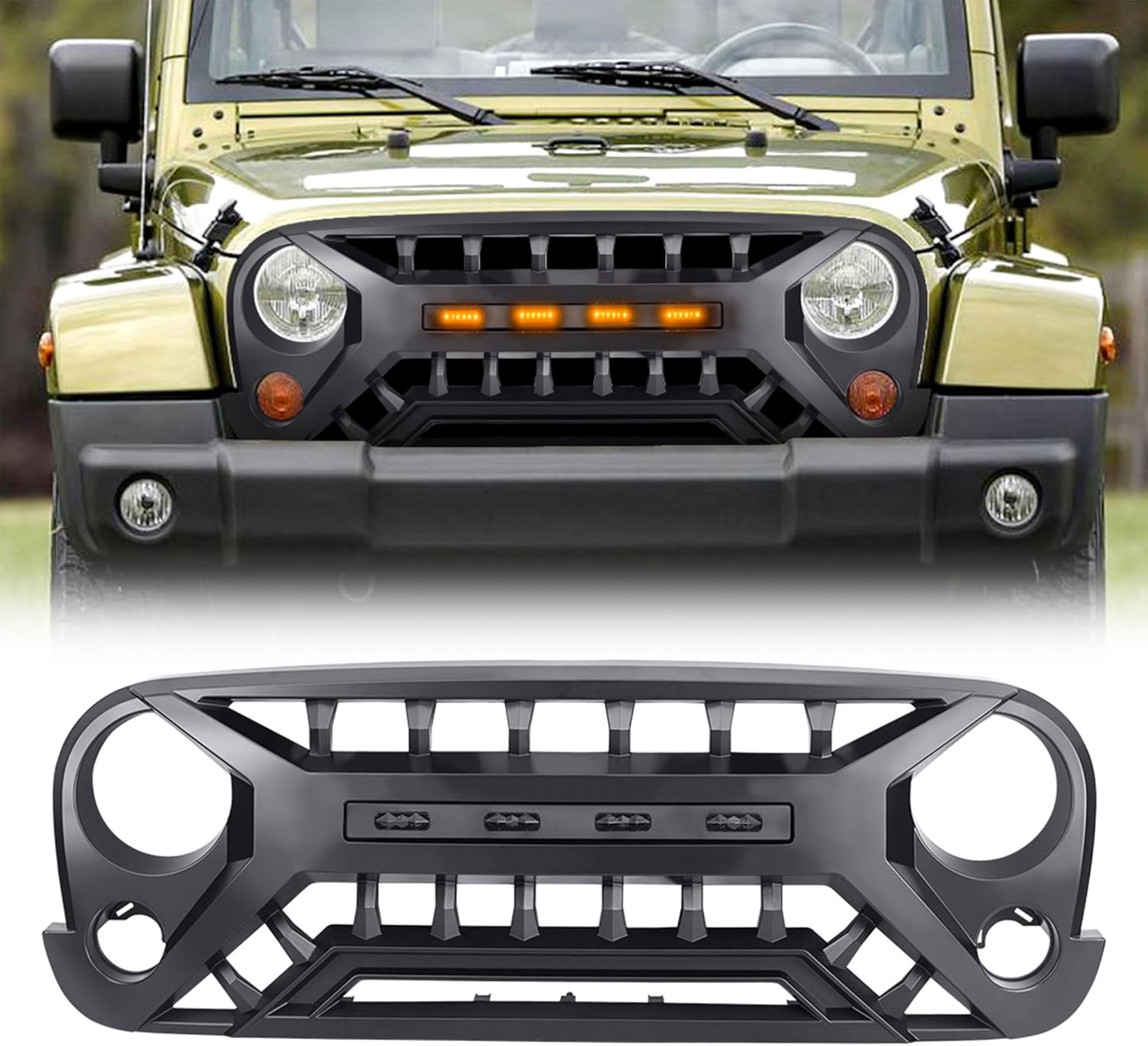 AMERICAN MODIFIED Armor Grille with Amber Lights, 07-08 Jeep Wrangler JK, Black