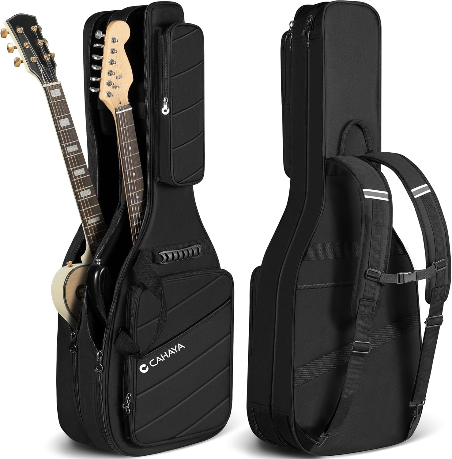 CAHAYA Dual Electric Guitar Gig Bag - Padded for 2 Guitars, Fits ST, TELE & LP - Black Backpack with Adjustable Straps CY00378-1