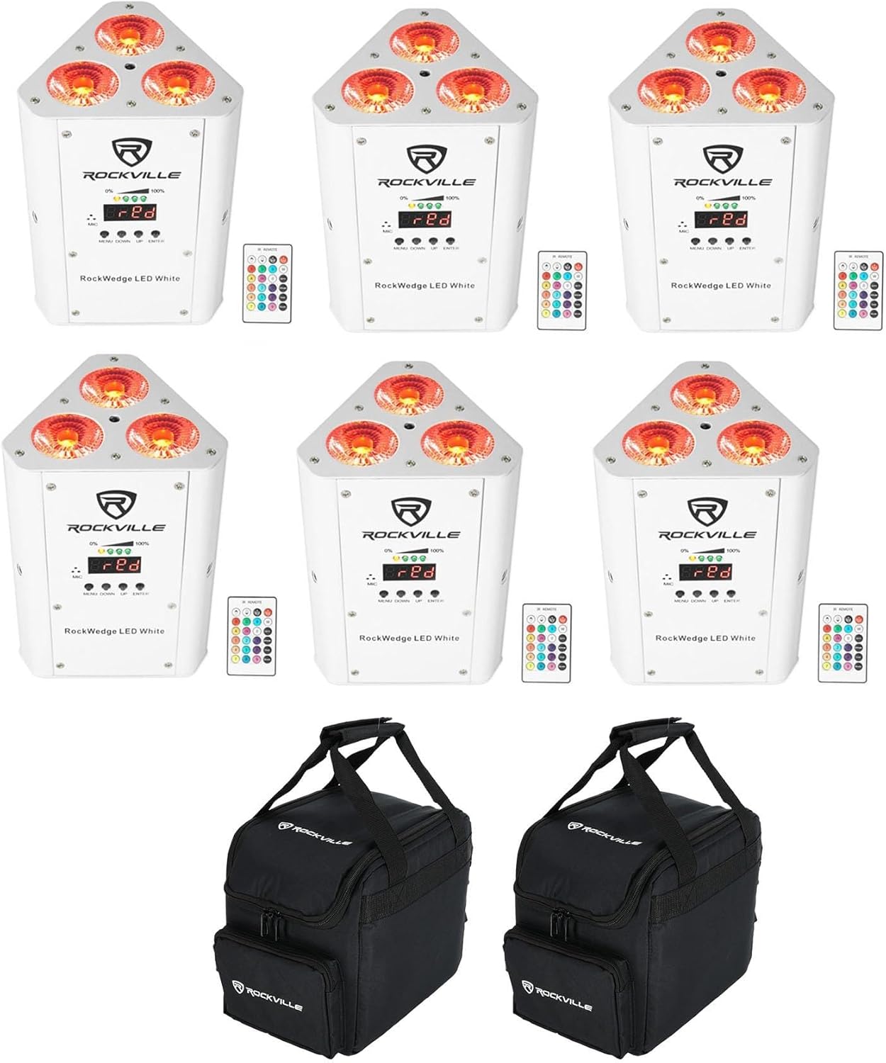 (6) Rockville RockWedge LED White RGBWA+UV Rechargeable Wireless DMX Lights+Bag