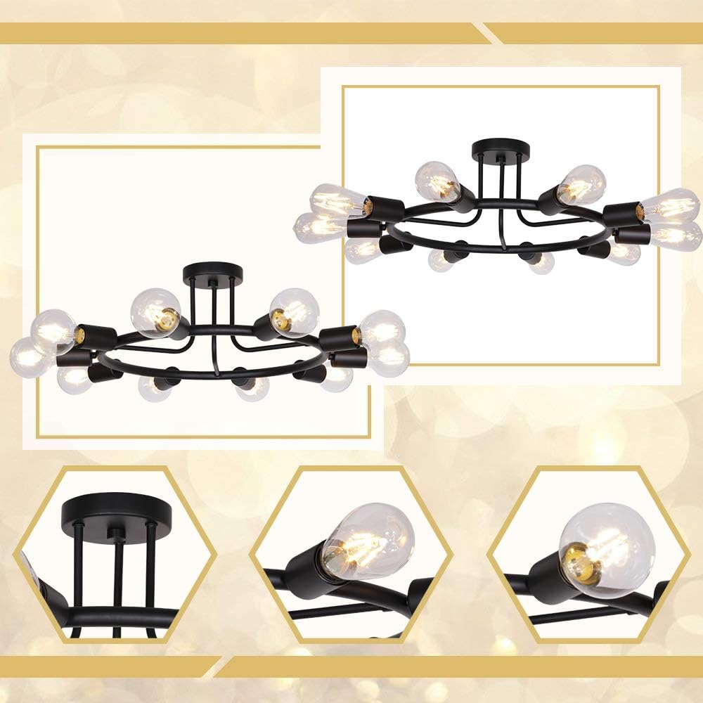 BONLICHT Vintage Metal Large Sputnik Chandeliers 10-Light Flush Mount Light Fixtures Ceiling Black Indoor Industrial Chandelier Lighting Mid Century Modern Starburst-Style Lighting Fixture UL Listed