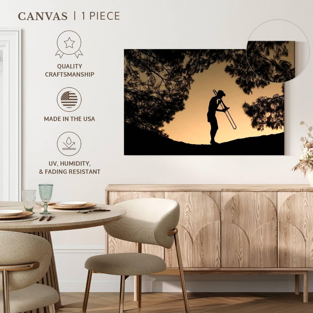 ElephantStock - Trombone Musician Wall Art - Horizontal Canvas Wall Art - Living Room Wall Decor - Photography Music Canvas Art - Black And Beige Decor - 30