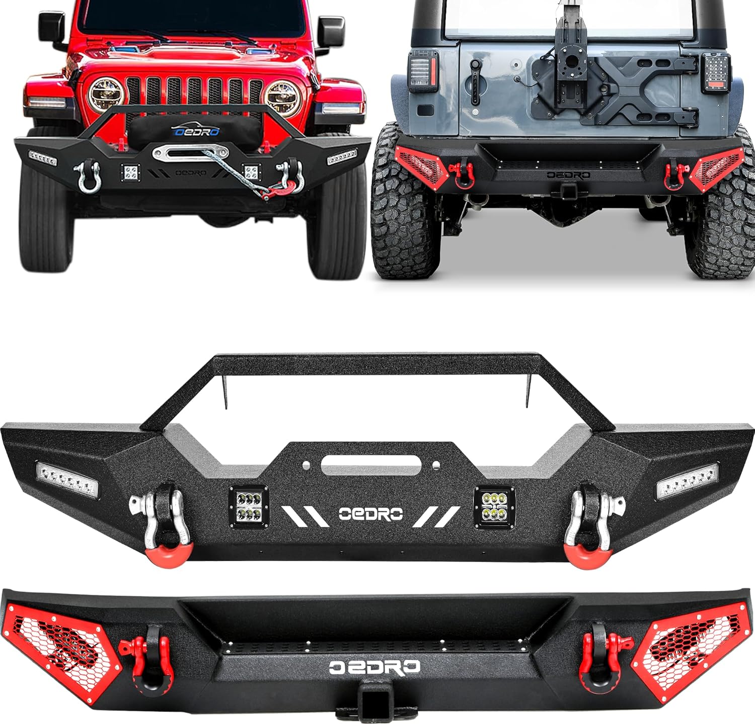 OEDRO Front & Rear Bumper: Compatible with Jeep Wrangler JL JLU Unlimited 2018-2025 - Off-road Bumper w/LED Lights, Paintable Armor, 2