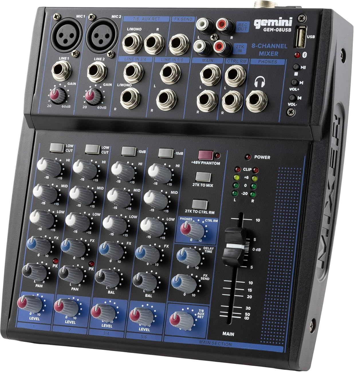 Gemini 8-Channel Audio Mixer – USB Playback, FX, EQ, Phantom Power – Compact DJ Mix Console for Music, Podcast, Live Sound & Studio Recording (GEM-08USB)