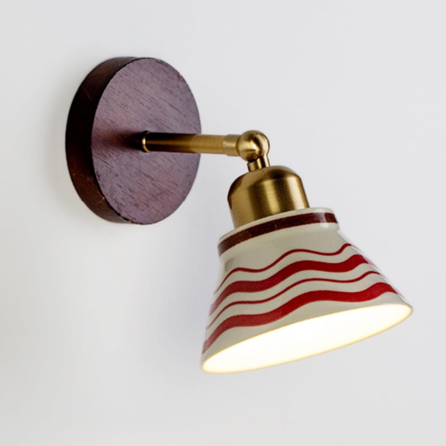 Vintage Ceramic Wall Sconce Lighting, Modern Bathroom Vanity Light Fixtures with Wood Base, Brushed Gold Wall Mount Lamp, Hardwired Farmhouse Wall Lights for Bedroom Bedside Hallway