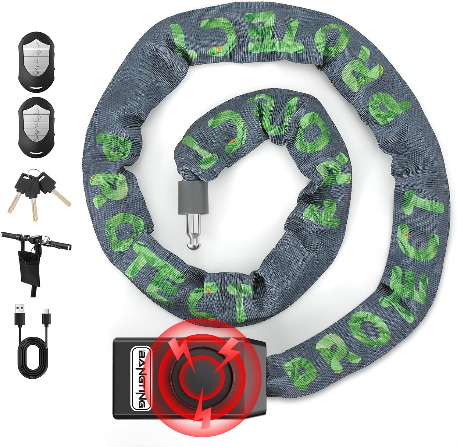 BANGTING 4FT Smart Alarm Bike Lock - 110dB Remote-Controlled Siren & 8mm Anti-Theft Chain with Key for Bicycle, E-Bike, Scooter, Motorcycle (Gray)