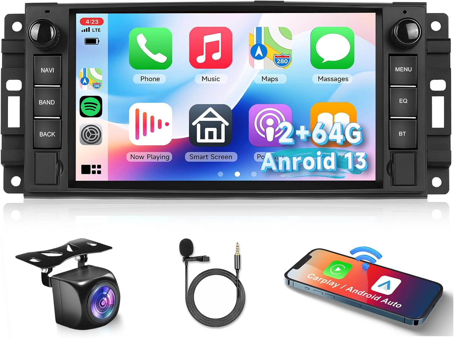 Podofo [2G+64G] Car Stereo Radio for Jeep Wrangler JK Compass Patriot/Chrysler/Dodge RAM with Wireless CarPlay Andriod Auto, 7 inch Touch Screen Android 13 Headunit with GPS Navi/WiFi/Bluetooth/Camera