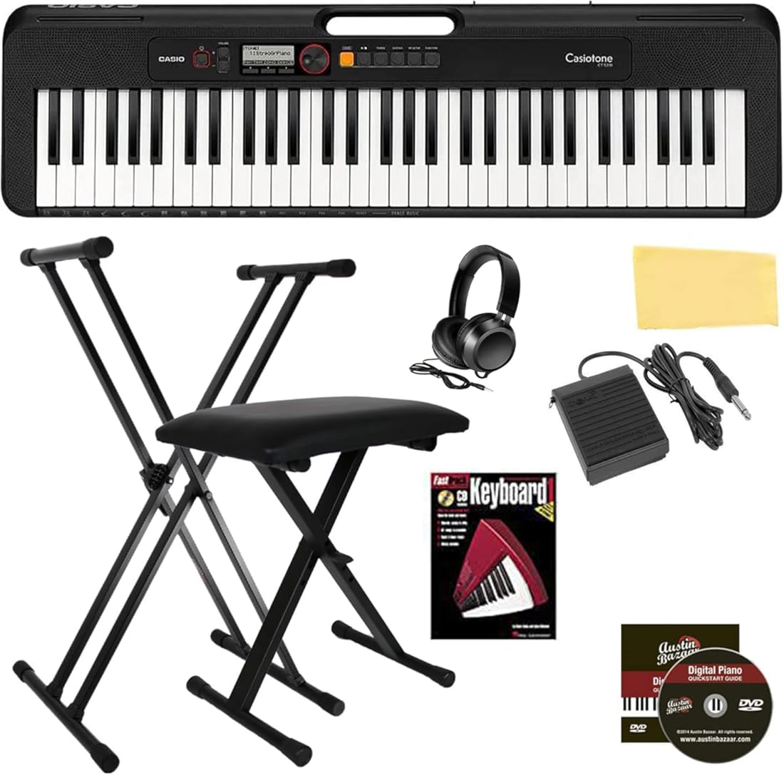 Casio CT-S200 Casiotone 61-Key Portable Keyboard - Black Bundle with Adjustable Stand, Bench, Headphones, Sustain Pedal, Instructional Book, Instructional DVD, and Austin Bazaar Polishing Cloth