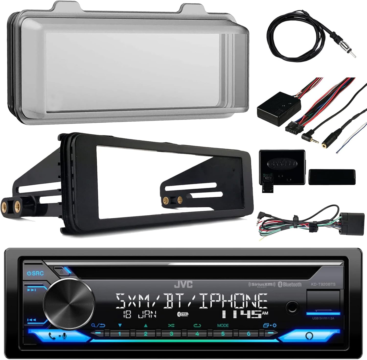 Single DIN AM/FM Radio USB AUX CD Bluetooth Media Receiver W/Cover - Bundle with Install Dash Kit + Handle Bar Control + Wired Antenna for 98 2013 Touring FLHT FLHX FLHTC Motorcycle Bike