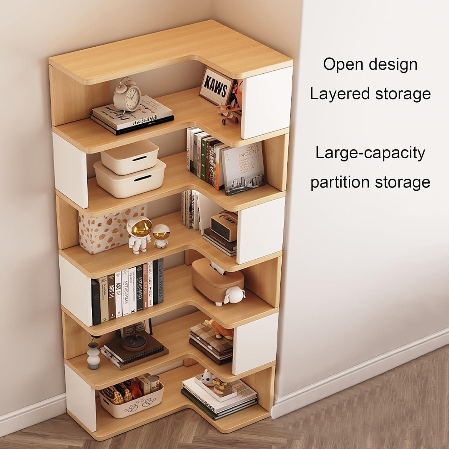 5 Tier Corner Bookshelf Etagere Bookcase with Baffle, Decorative Storage Freestanding L Shaped Display Shelf Stand for Home Office, Living Room, Bedroom, Kitchen(White)