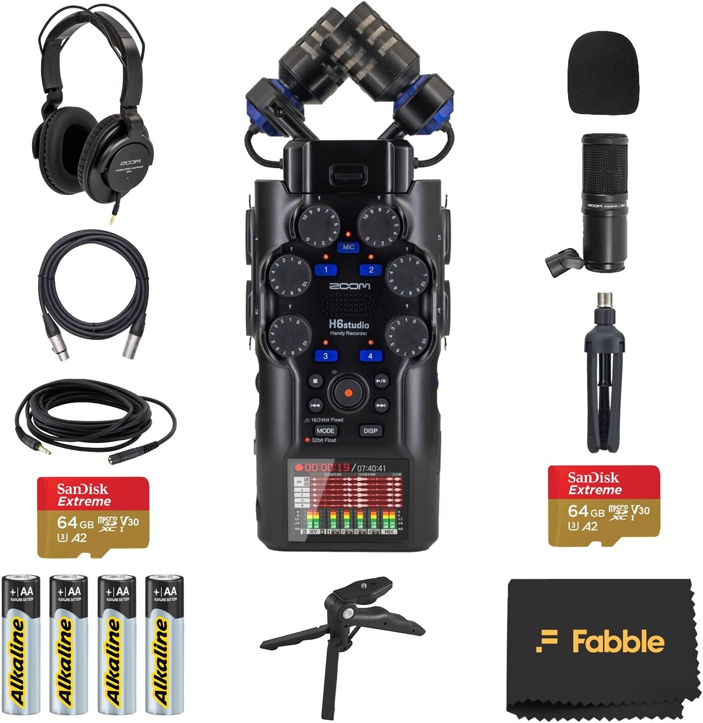 Zoom H6studio Handy Recorder Bundle with ZDM-1 Podcast Mic Packs, Headphones, Tabletop Stands, XLR Cables, Windscreens, 2X Memory Cards, Batteries, and Accessories
