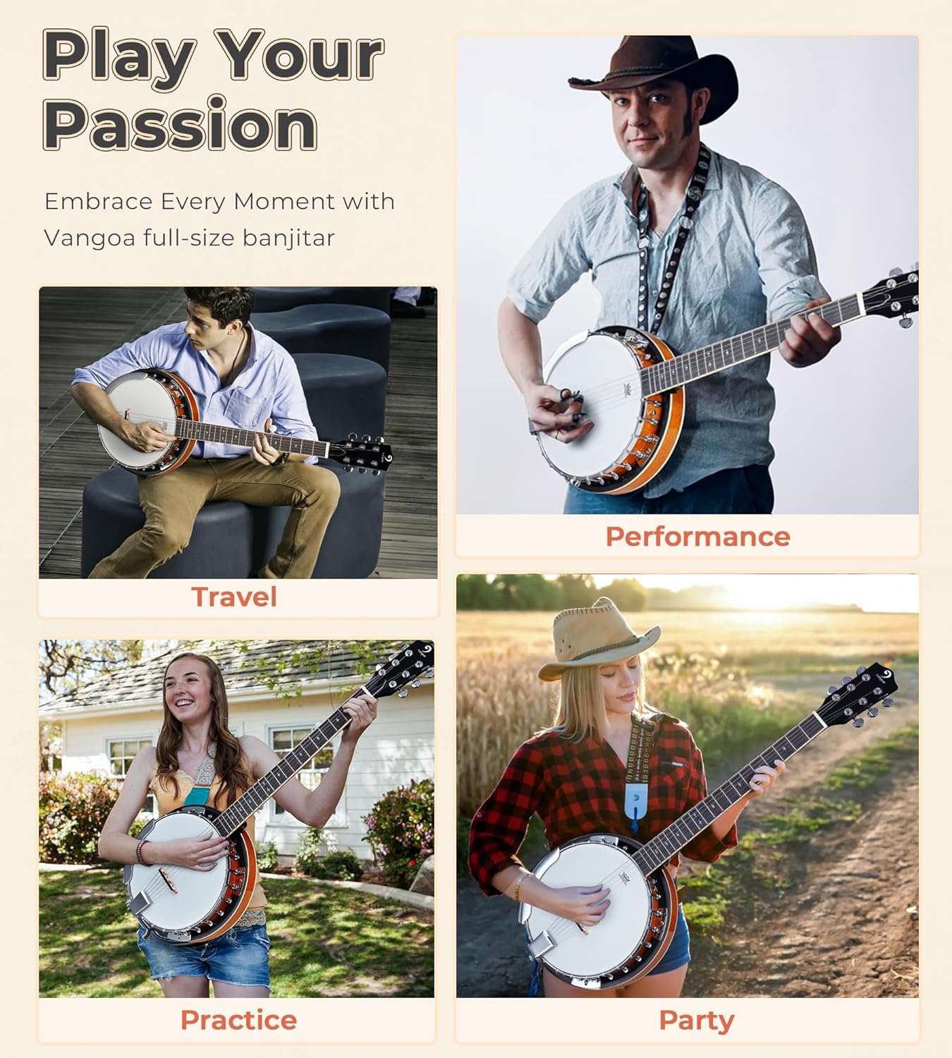 Vangoa 6 String Banjo Guitar Full Size, 38 Inch Banjo Guitar with Resonator Closed Back, Remo Head, Beginner Banjitar Six String Banjo Kit for Adults Teens Starters