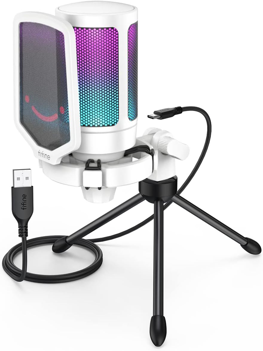 FIFINE USB Mic and White Microphone,AmpliGame RGB Computer Microphone, Condenser Cardioid Desktop Gaming Mic with Quick Mute, Gain Knob,Anti-Vibration for Streaming Podcasts,Zoom -Pink/White (A6P+A6W)