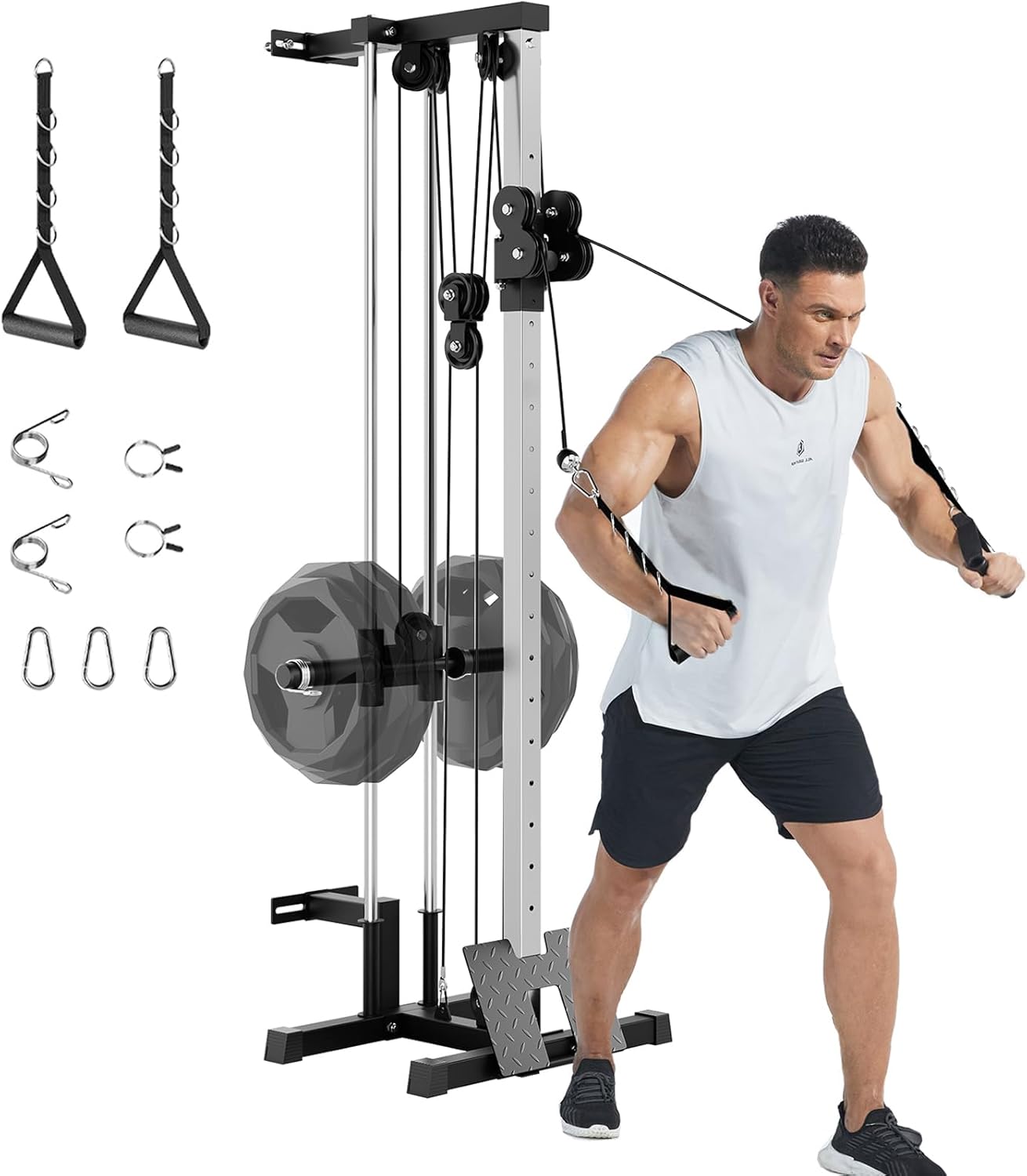 GarveeLife Wall Mount Cable Machine, LAT Pulldown Machines with 19 Positions Dual Pulley System, Cable Crossover Machine with Adjustable Footplate, Weight Workout Equipment Home Gym Station