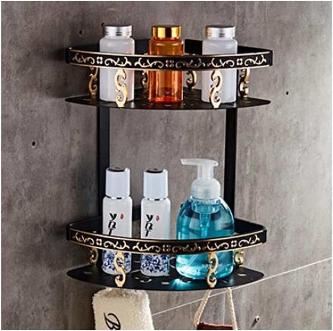 Shower Shelves Black and Gold Carved Bathroom Accessories Set, Towel Rack, Paper Holder, Toilet Brush Holder, Towel bar Bathing Accessories (Color : Corner Shelf 2)